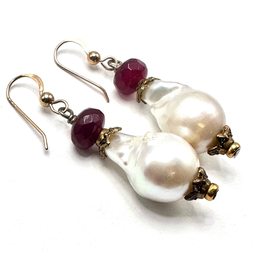 Baroque Pearl and Natural Ruby Earrings.
